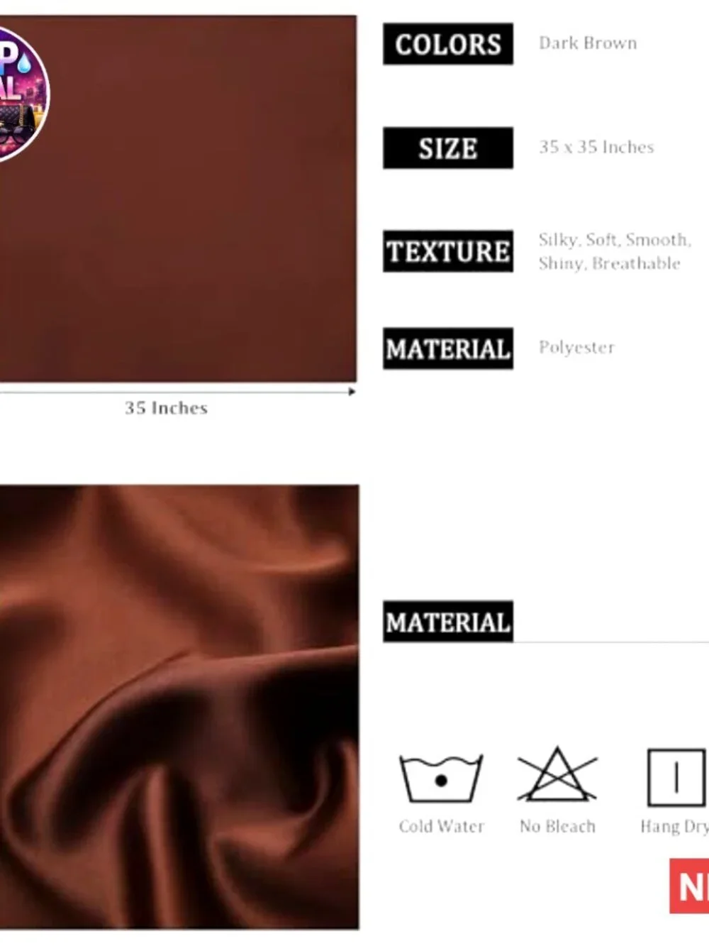 35-Inch Polyester Satin Head Scarf Hair Wrap Neck Scarf